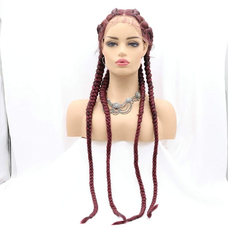 RainaHair 4 Twist Hand Braided Lace Front Wigs 32 Inches 1B# Black Mixed 27# Wig with Baby Hair 100% Hand-Braided Brown for Women (32 Inch) (Red) - Image 2